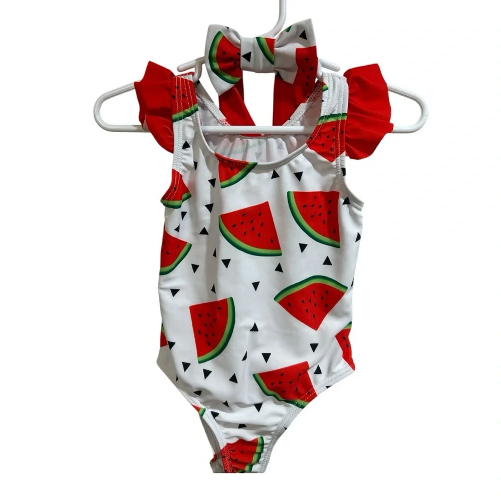 Baby Watermelon Ruffle Shoulder Headband One Piece Swimsuit Sz 9-12 mont…(80)